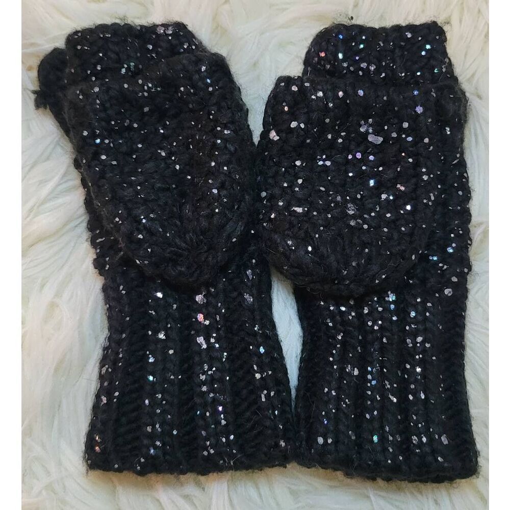 Old Navy Black Glitter Button Back Open Finger Mittens Acrylic Knit Child S-M